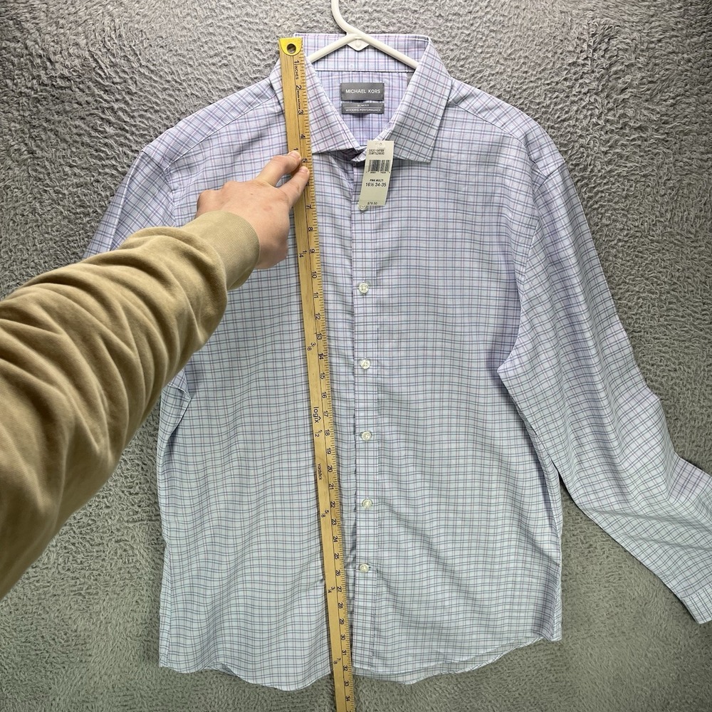 Michael Kors Performance Slim Fit Dress Shirt Mens Large Blue Plaid Stretch NWT - Picture 9 of 13